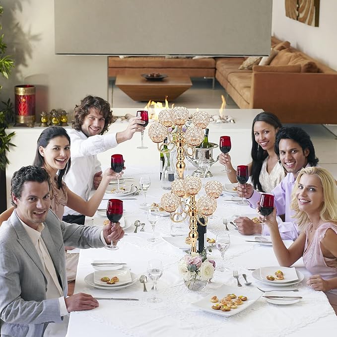 2 Pack 5 Arm Crystal Candelabra Centerpieces 21.5 Inch Tall Candle Holder Table Candelabra Stand with Crystal Candle Holder Bowl for Home Wedding Anniversary Dinner Party Table Decoration (Gold)