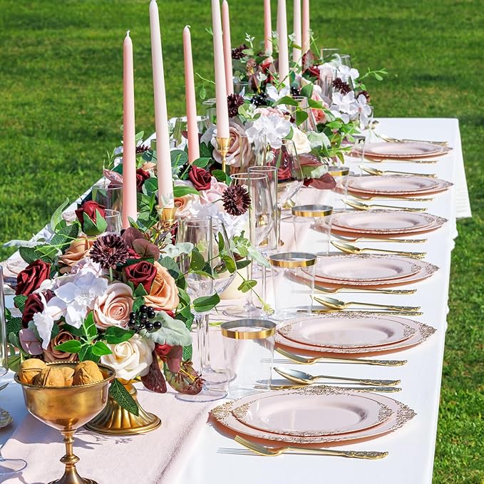 Nervure 175PCS Pink Plastic Plates - Disposable Pink Gold Party Plates & Pre Rolled Napkins with Cutlery for 25 Guests, 50Plates, 75Silverware, 25Cups, 25Napkin for Wedding & Party