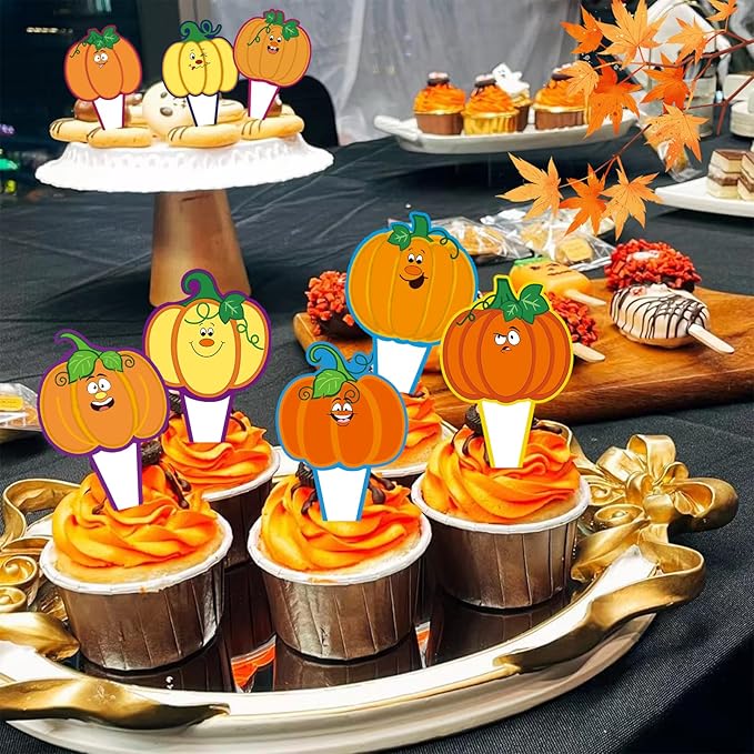 24 Pieces Thanksgiving Pumpkin Happy Birthday Cupcake Toppers Autumn Pumpkin Thanksgiving Party Decorations Cake Toppers Cupcake Toppers Party Supplies Decorations for Baby Shower Boys Girls