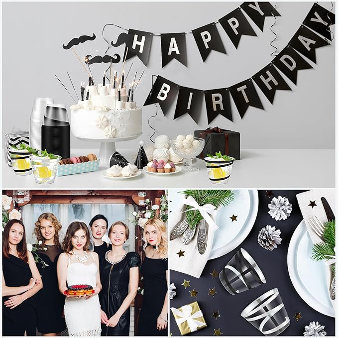 Gejoy 9 oz Rimmed Swirl Plastic Cups Disposable Wine Drinking Cups Clear Elegant Halloween Tumblers for Christmas Party Supplies(Silver, Black,100 Pcs)