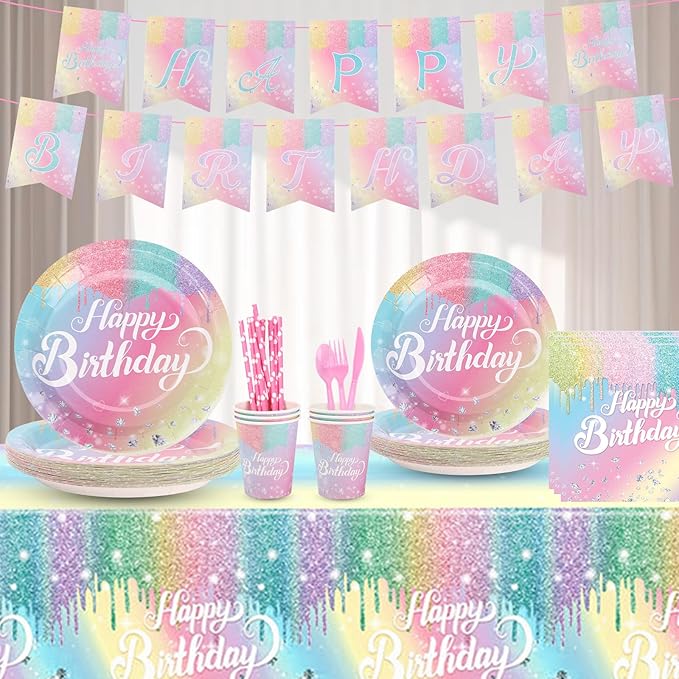 Rainbow Birthday Plates Napkins Sets Pink Birthday Party Supplies Glitter Diamond Plates,Rose Gold Disposable Birthdays Dinnerware Sets Unicorn Girls Party Plates with Tablecloth Cup Banner Serve 24