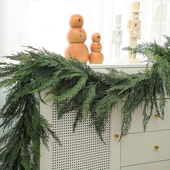 Jutom 1 PCS 9 ft Christmas Cedar Garland - Green Artificial Realistic Cedar Garland Faux Decoration for Table, Mantel, Wall Winter Holiday Party