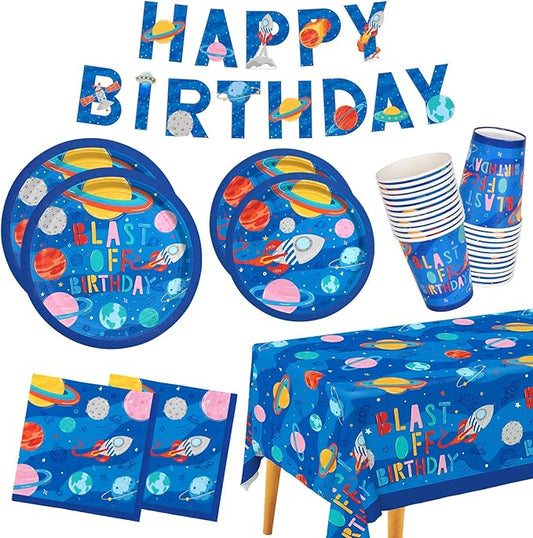 Outer Space Party Supplies - Solar System Planet-Themed Disposable Paper Plates, Napkins, Cups, Tablecloth, and Banner: Ideal Galaxy Space Birthday Decorations for Party of 25