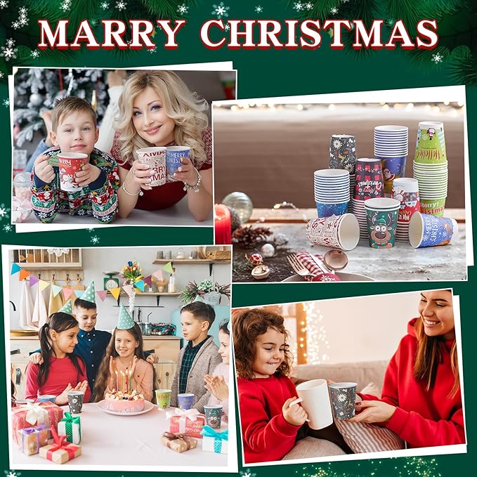 120 Pcs Christmas Disposable Paper Cups 9oz Coffee & Tea Cup with 10 Holiday Designs Christmas Hot Chocolate Cocoa Cup Drinkware Xmas Drink Cups for Cold/Hot Beverage Winter Party Supplies