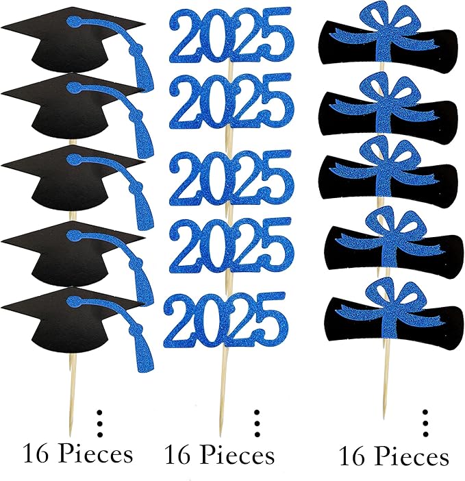 2025 Graduation Cupcake Toppers, 48 PCS Food/Appetizer Picks For Graduation Party Mini Cake Decorations, Diploma, 2025, Grad Cap Set 48 Pieces (02 Blue)