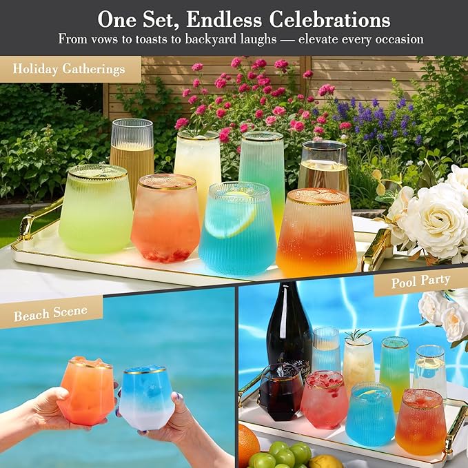 48 Pack Plastic Glasses – 24 x 9oz Stemless Champagne Flutes & 24 x 12oz Stemless Wine Glasses – Elegant Disposable Shatterproof Cup – BPA-Free Drinkware for Weddings, Parties (Gold Rim Diamond)