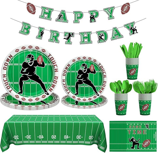 Football Birthday Decorations, 170 Pcs Football Party Decorations Including Banner, Plates, Cups, Napkins, Cutlery, Straws and Tablecloths, Serves 24