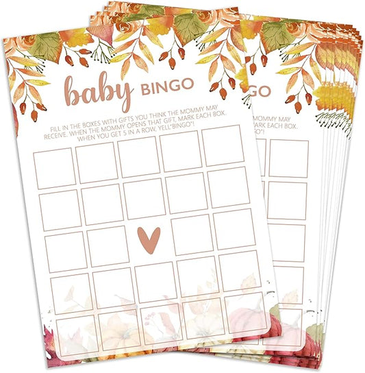 Baby Bingo Game, Autumn Baby Shower Games Cards, Thanksgiving Boy or Girl Baby Gender Reveal Party Favors Decorations and Supplies, 25 Pcs Double-Sided - E01