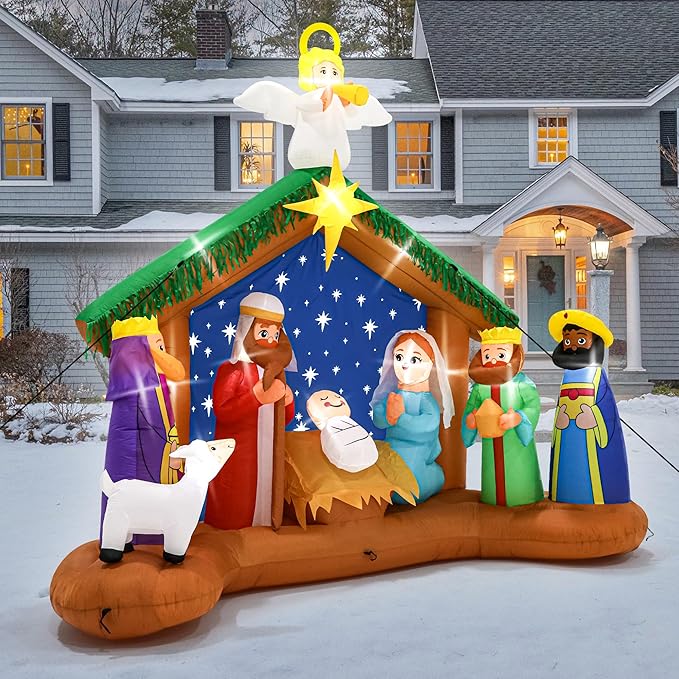 10FT Christmas Inflatables Decor, Blow Up Christmas Nativity Scene, LED Lighted The Birth of Jesus Scene Inflatables Decor, Outdoor Inflatable Decorations for Xmas Yard Lawn Patio