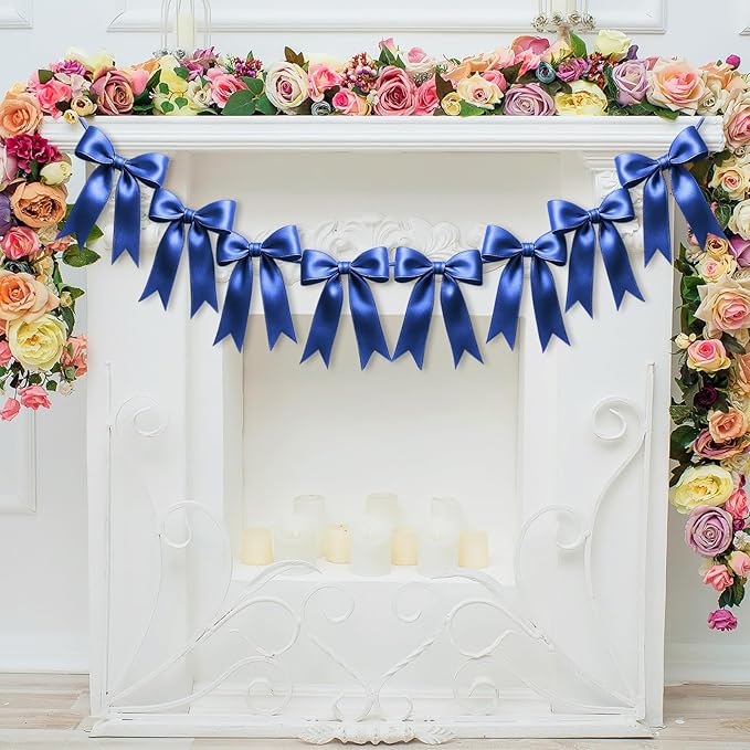1 String of 8PCS Navy Blue Bow Garland Banner Decoration,Pre-Strung Satin Ribbon Ornaments for Birthday,Bachelorette Party,Bridal Shower,Wedding,Engagement,Baby Shower,Graduation Decor,Anniversary