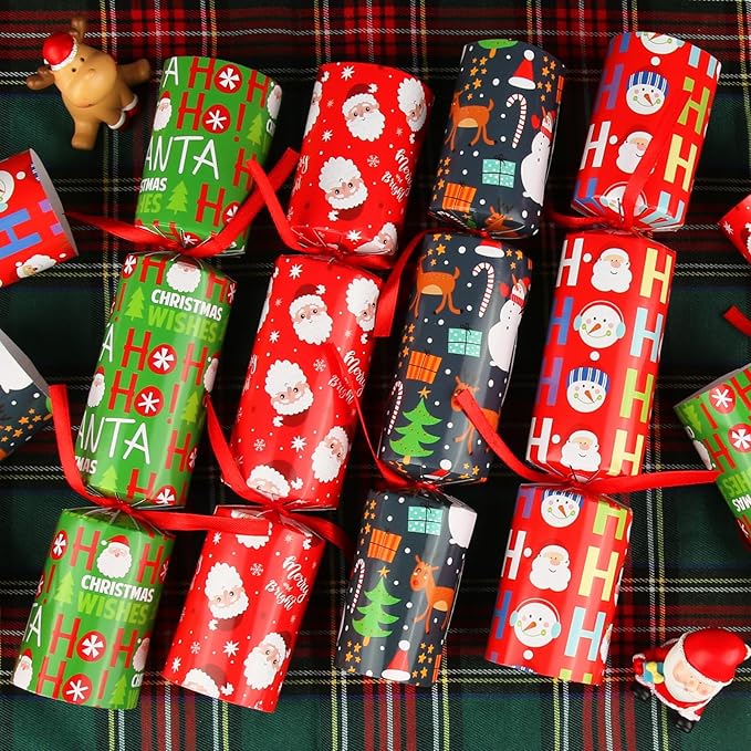 12 Pack Christmas No-Snap Party Table Favors, Christmas Themed Holiday Supplies with Party Hat, Joke & Little Gift Inside for Kids and Adults, Xmas Gift, Holiday Party Supplies for Dinner Tables