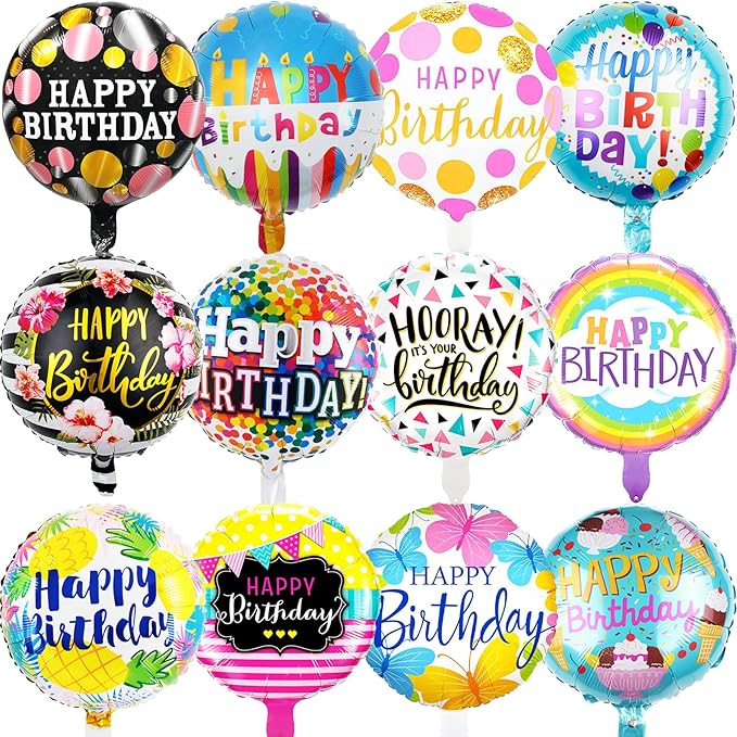 36PCS Happy Birthday Foil Balloons, 18" Round Helium Party Balloon Floating Inflatable Happy Birthday Balloons for Kids Birth Parties Baby Shower Decoration Supplies