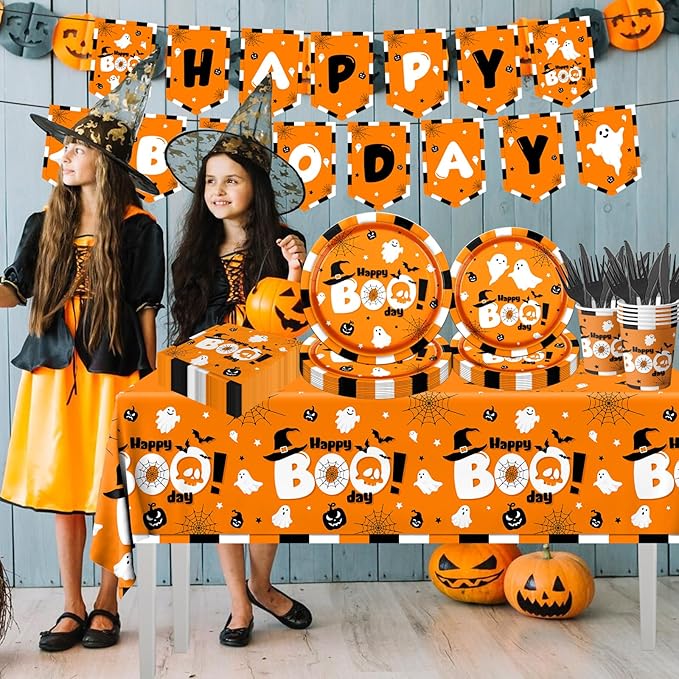 Boo Day Party Decorations,142pcs Halloween Party Tableware Set Include Happy Boo Day Plates Napkins Cups Boo Tablecloth Banner Decoration Orange Ghost Party Supplies for Halloween Birthday Baby Shower