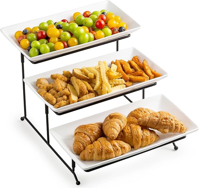 LYEOBOH Tiered Serving Stand and Platters Set, Large Tiered Tray Stand, 3 Tier Serving Tray with Collapsible Sturdier Rack, 12 Inches Tier Serving Platter for Party, Display, Dessert, and Cupcake