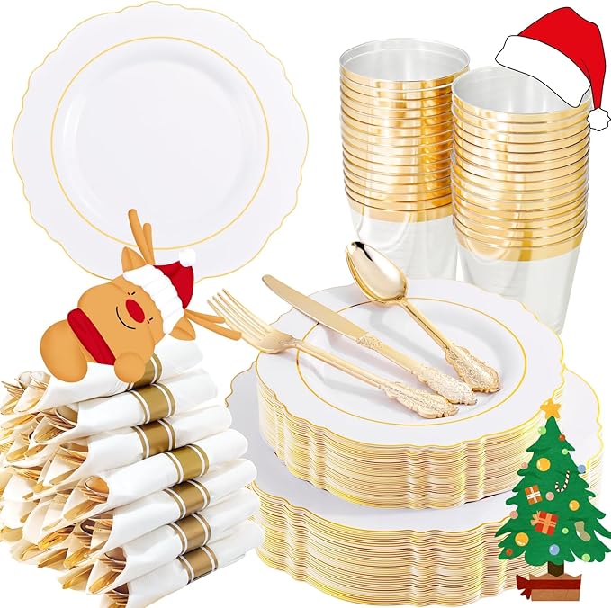 Liacere 350PCS Gold Plastic Plates-Disposable White and Gold Plates 50guest Baroque Plastic Dinnerware include 100Plates, 50Pack Pre Rolled Napkins with Silverware 50Cups for Wedding&Thanksgiving