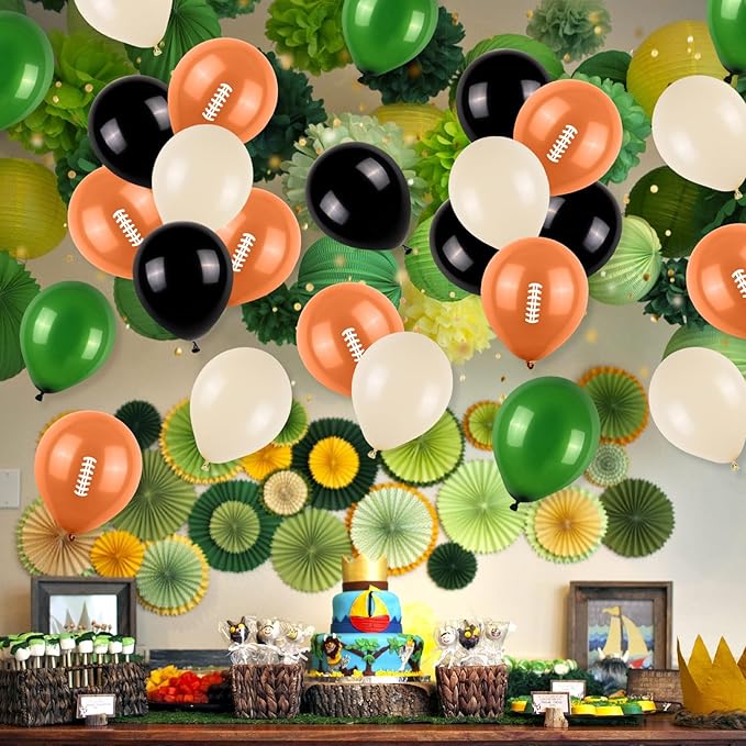 12 Inch Football Printed Party Balloons - Dark Green, Black, Beige - Boys Sports Birthday Party Decorations