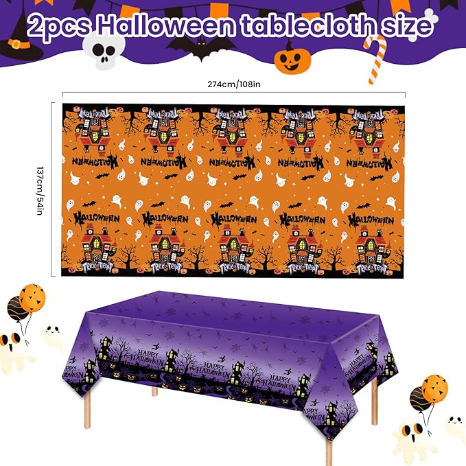 2 PCS Halloween Tablecloth Disposable Plastic - Spooky Plastic Table Cloths Purple Black & Orange Black with Scary Bat Ghost House Spiderweb Rectangular Table Cover for Party Decorations, 54"x108"