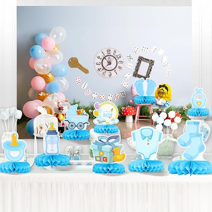 Gyufise 9Pcs Baby Shower Decorations Honeycomb Table Centerpieces Pacifier Welcome Baby Boy Table Toppers It's a Boy Honeycomb Centerpiece Decro for Gender Reveal Baby Shower Boys Birthday Party Blue