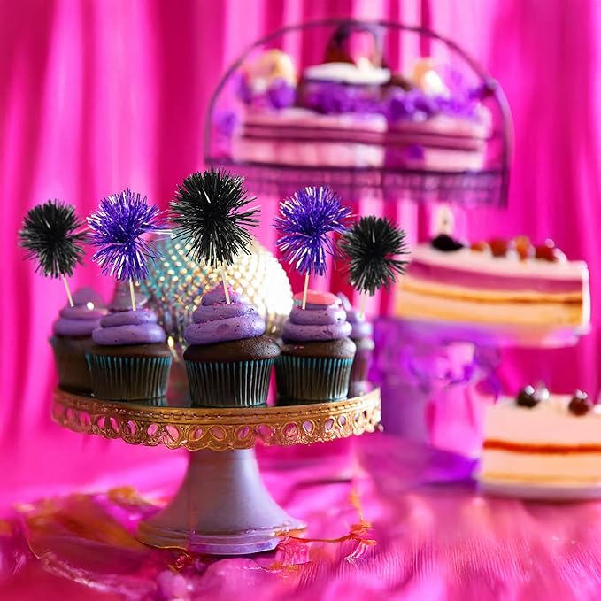 Ephlyn 30Pcs Foil Firework Cupcake Toppers Sparkle Tinsel Cupcake Picks Happy Birthday Cake Decorations Drink Stirrers Cocktail Food Toothpicks for Baby Shower Graduation Party Supplies Black Purple