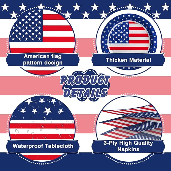American Flag Themed Party Decorations, 170 Pcs Patriotic Party Decorations Including Banner, Plates, Cups, Napkins, Cutlery, Straws and Tablecloths, Serves 24
