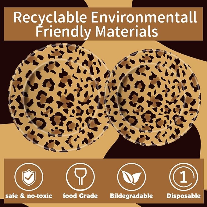 140PCS Leopard Print Party Decorations,Jungle Animal theme Decorations Include Tableware, Plate, Cup, Napkin, Cutlery, Animal Cheetah Print Birthday Party Supplies Serve 20