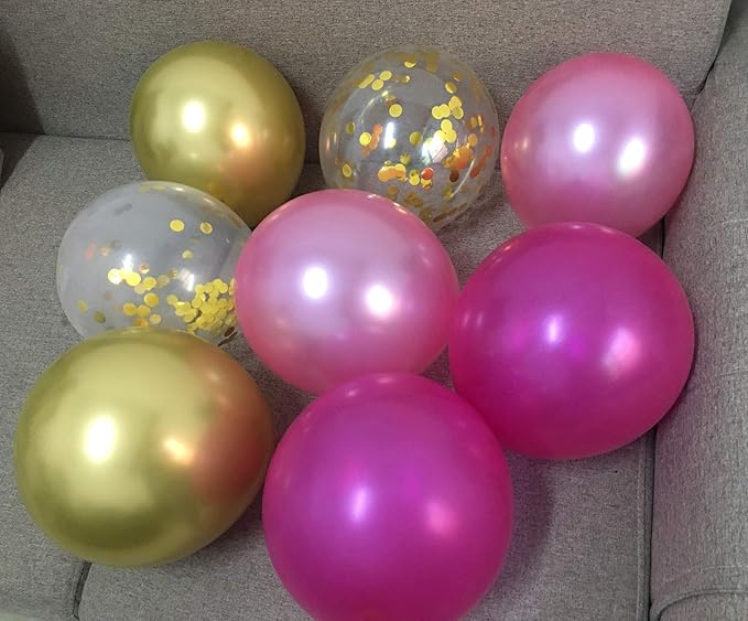 Assorted Pink Gold Metallic Balloons- Bridal Baby Girls Shower Birthday Wedding Party Supplies and Decorations 12inch 50packs (Hot Pink + Gold)
