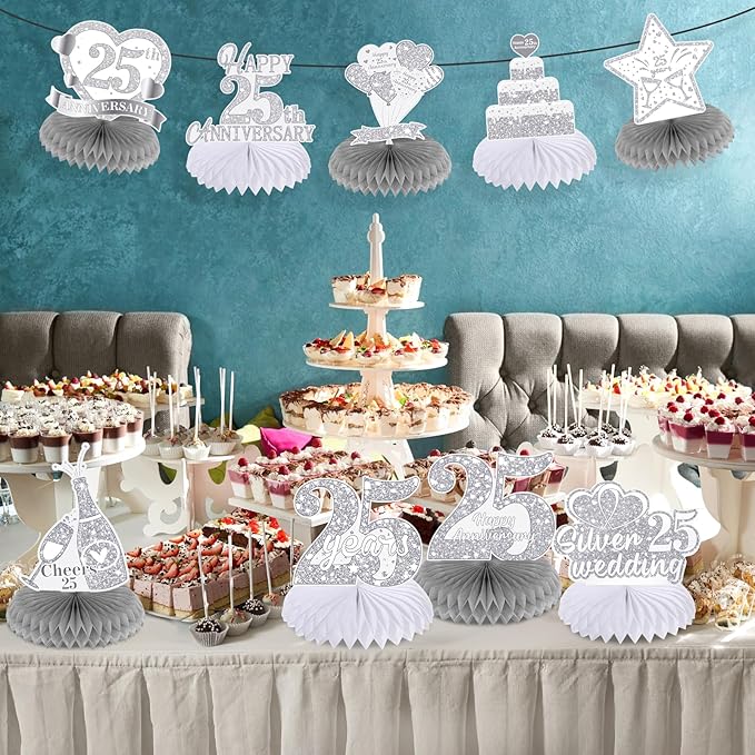 9Pcs 25th Wedding Anniversary Decorations 25th Silver Wedding Anniversary Honeycomb Centerpiece Silver Wedding Anniversary Table Toppers Honeycomb Decorations