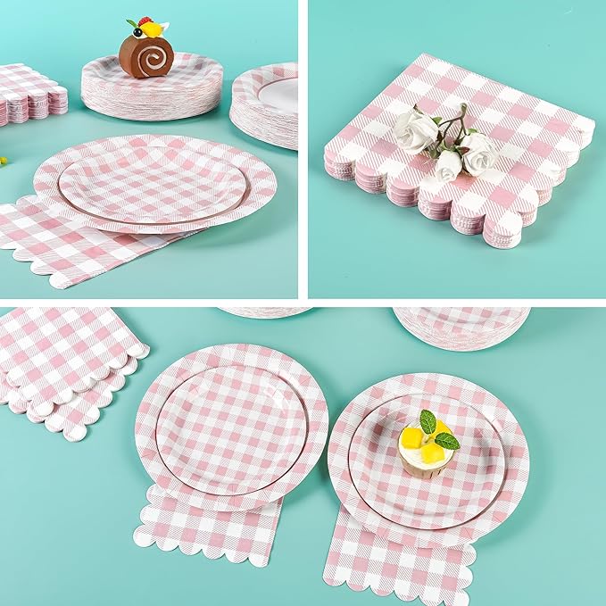 200Pcs Pink Gingham Party Supplies Pink Gingham Paper Plates and Napkins Cups Checkered Plates Disposable Pinks and White Plaid Decor for Birthday Family Picnic BBQ Party,Serves 50 Guests