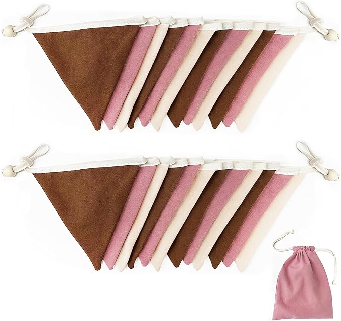 2 Sets of Brown Dusty Pink Beige Nursery Garland 24Pcs Linen Fabric Baby Banner Triangle Pennant Flags Streamers for Kids Girls Birthday Boho Baby Shower Party Decorations Baby Bedroom Nursery Decor