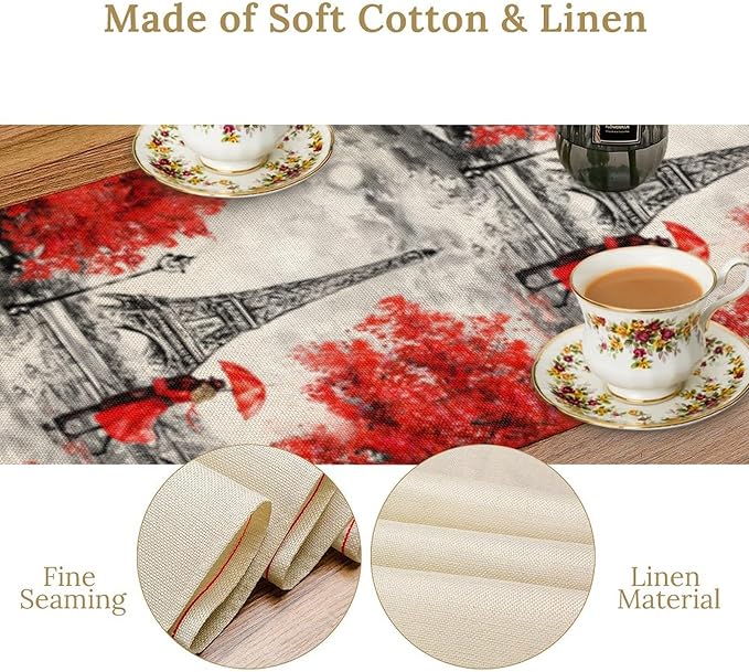 Paris Eiffel Tower Table Runner, Watercolor Eiffel Tower Dinner Runner for Farmhouse Kitchen Dining Table Holiday Party Decoration 13 x 60 in