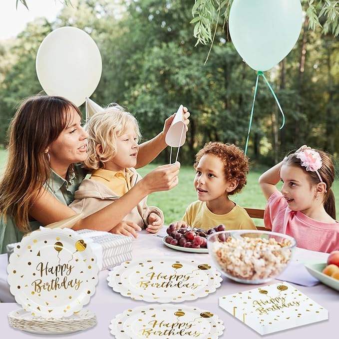 50PCS Happy Birthday Paper Plates and Napkins - 7 Inch Birthday Cake Plates Scalloped White and Gold Dessert Plates and 6.5 Inch Napkins Disposable Tableware Set, Serves 25