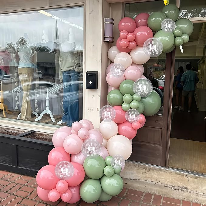 Pink and Green Balloons 60pcs, Sage Olive Green Dusty Blush Light Pink Sand White Balloon with Snowflake Balloons for Baby In Bloom Baby Shower Christmas Winter Wonderland Birthday Party Decorations