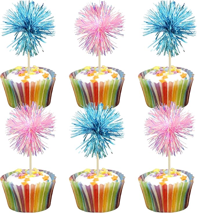 Gyufise 30Pcs Foil Firework Cupcake Toppers Sparkle Tinsel Cake Toppers Tinsel Drink Cake Decoration Cocktail Picks for Birthday Wedding Graduation Party Supplies Light Blue Pink