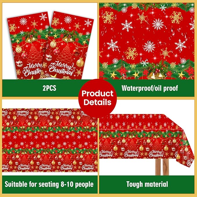 2-Pack Christmas Tablecloth Disposable Plastic - Red Holiday Design with Bells,Merry Christmas& Trees, 54x108 Inch Rectangular Plastic Table Covers for Christmas Party Decorations