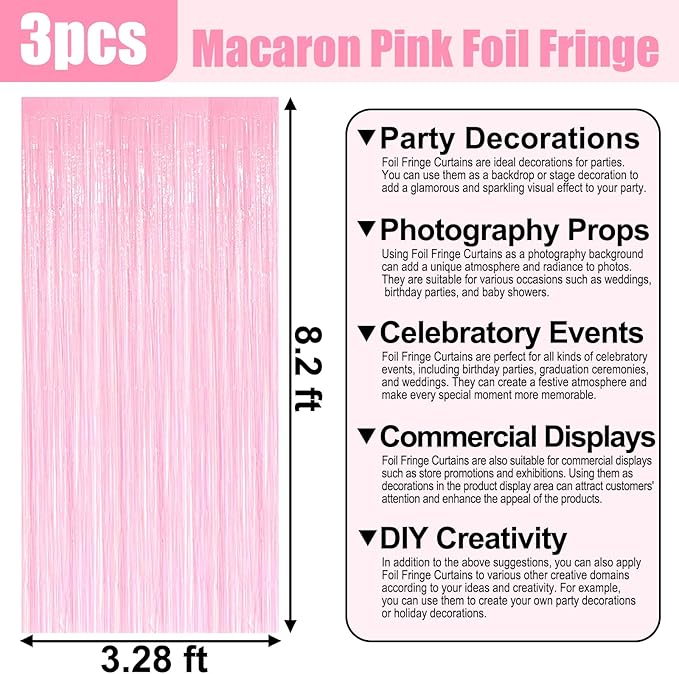 3 Pack Macaron Pink Foil Fringe Curtain Backdrop, 3.28Ft x 8.2Ft Metallic Tinsel Foil Fringe Streamer Curtains for Photo Booth, Mother's Day, Easter, Birthday, Wedding Party Decorations