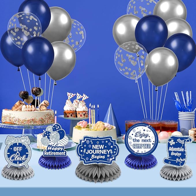 8Pcs Blue Retirement Decorations Navy Blue Silver Happy Retirement Table Honeycomb Centerpieces Farewell Table Topper Decor for Men Women Office Going Away Photo Booth Props Labor Day Party Supplies