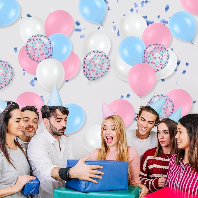 Pink and Blue Balloons Set, 12 Inch Pastel Pale Blue Pink Confetti Latex Balloons, Light Blue Pink White Balloon Kit for Boy or Girl Gender Reveal Party Birthday Baby Bridal Shower Decorations