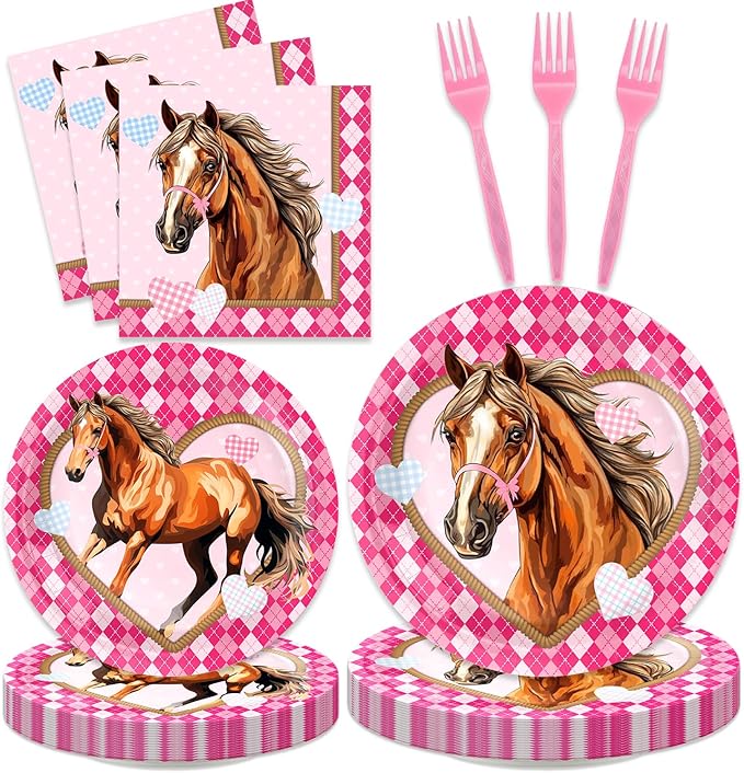 96Pcs Horse Party Supplies Pink Mustang Tableware Set Plates Napkins Forks Serves 24 Guests Pink Cowgirl Baby Shower Birthday Party Decorations