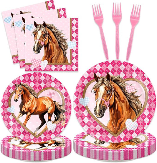 96Pcs Horse Party Supplies Pink Mustang Tableware Set Plates Napkins Forks Serves 24 Guests Pink Cowgirl Baby Shower Birthday Party Decorations