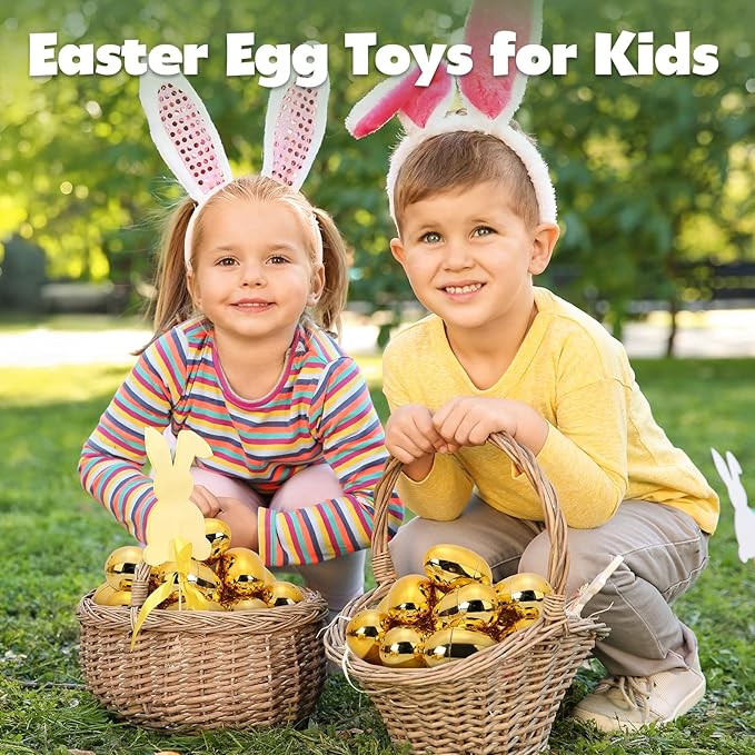 Skirfy 3.15" Easter Eggs, Fillable Goldeb Eggs Empty Eggshells with Hinge for Easter Hunt, Filling Treats, Party Favor, Basket Stuffers, Classroom Prize Supplies, 36PCS