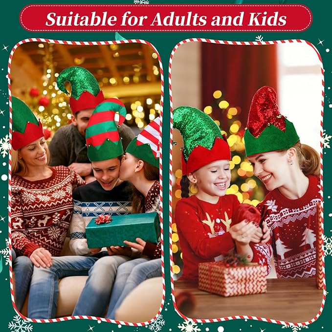 12 Pcs Christmas Elf Hat Colorful Funny Hats with Bell Holiday Party Accessories for Adults Santa Headdress for Party(Classic 1)