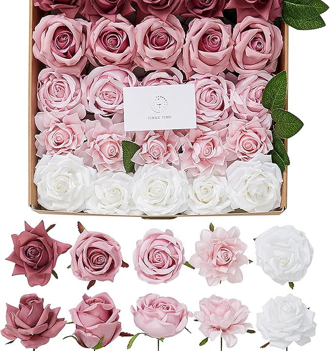 TINGE TIME Artificial Flowers, 25pcs Real Looking Gradient Purple Pink Rose Fake Roses w/Stem for DIY Wedding Bouquets Centerpieces Arrangements Party Baby Shower Home Decorations