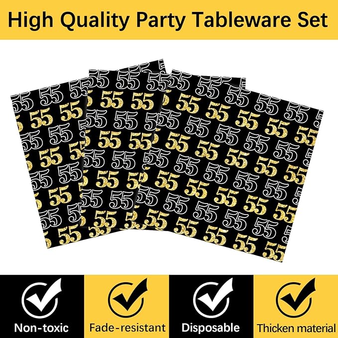 96 Pcs 55th Birthday Party Supplies 55th Birthday Tableware Plates Cheers to 55 Years Table Decorations Dinnerware Happy 55th Birthday Party Favor for Men Woman Fifty-five Years Birthday 24 Guests