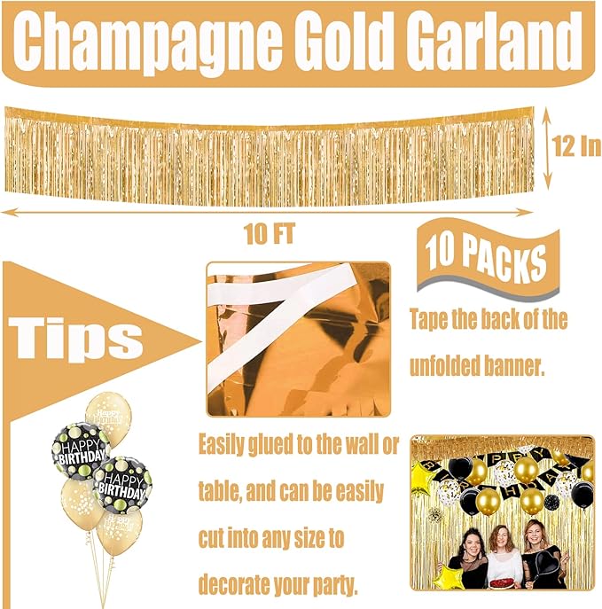 10 Pack 10 Feet Foil Fringe Garland Metallic Tinsel Streamers Banner Wall Hanging Curtain Backdrop for Parade Floats, Wedding, Disco, Birthday, Halloween, Christmas Party Decorations(Champagne Gold)