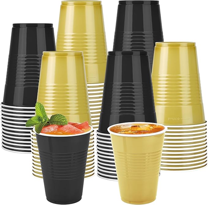 100 Pack 16 Ounce Disposable Plastic Cups Black and Gold Plastic Party Cups Heavy Duty Drinking Cup Bulk for Party Graduation Wedding Birthday Halloween Festival Supplies