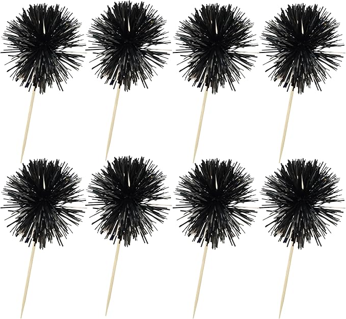 Ephlyn 30Pcs Foil Firework Cupcake Toppers Sparkle Tinsel Cupcake Picks Happy Birthday Cake Decorations Drink Stirrers Cocktail Food Fruit Toothpicks for Baby Shower Graduation Party Supplies Black