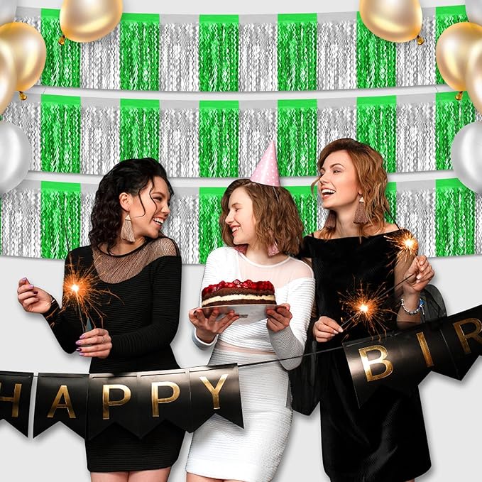 6 Pack 10 Feet Silver Green Wave Foil Fringe Garland Metallic Tinsel Streamers Banner Wall Hanging Curtain Backdrop for Parade Floats, Mother's Day, Easter, Wedding, Birthday Party Decoration