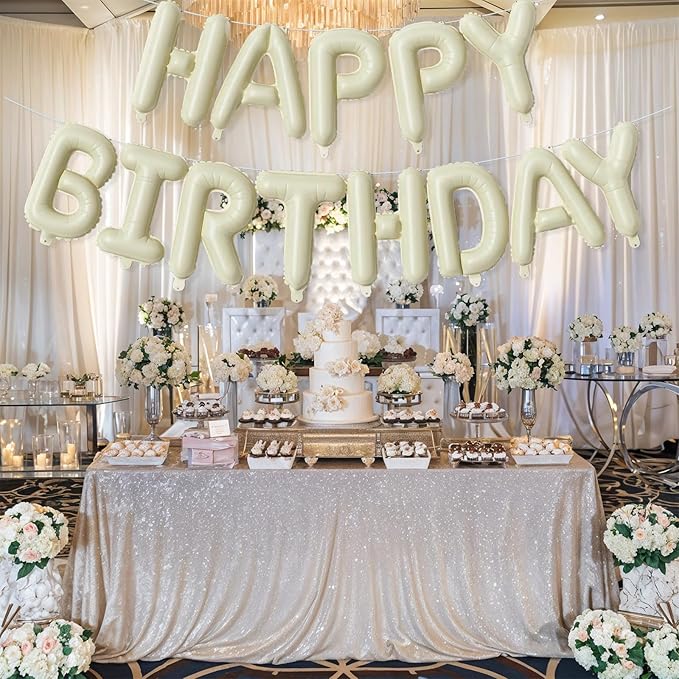 16 Inch Beige Happy Birthday Balloon Banner, Cream White Foil Happy Birthday Balloons Sign for Boys Girls Men Women Birthday Party Decorations Supplies