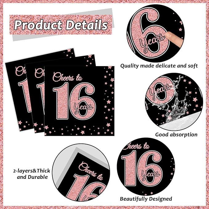 96 Pieces Rose Gold 16th Birthday Party Plates Sweet 16th Theme Party Decorations Black Rose Gold Paper Plates and Napkins Pink Birthday Disposable Dessert Tableware Set 16 Years Supplies 24 Guests