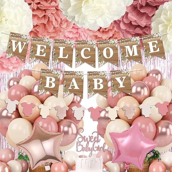Dusty Pink Baby Shower Decoration, Girl Baby Shower Decor Set with Welcome Baby Banner,Tissue Pom Poms,Sweet Baby-girl Cake Topper,Retro Blush Rosegold Balloon,Boho Baby Gril Shower Party Supplies